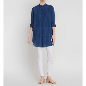 Eileen Fisher Indigo Organic Linen Button Down‎ Shirt Mandarin Collar Small EUC